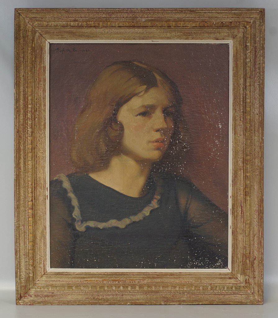 Hugh M Poe, American, PA, 1902-1973, o/c, portrait of a: Hugh M Poe, American, PA, 1902-1973, o/c, portrait of a young woman, 20" x 16", considerable flaking