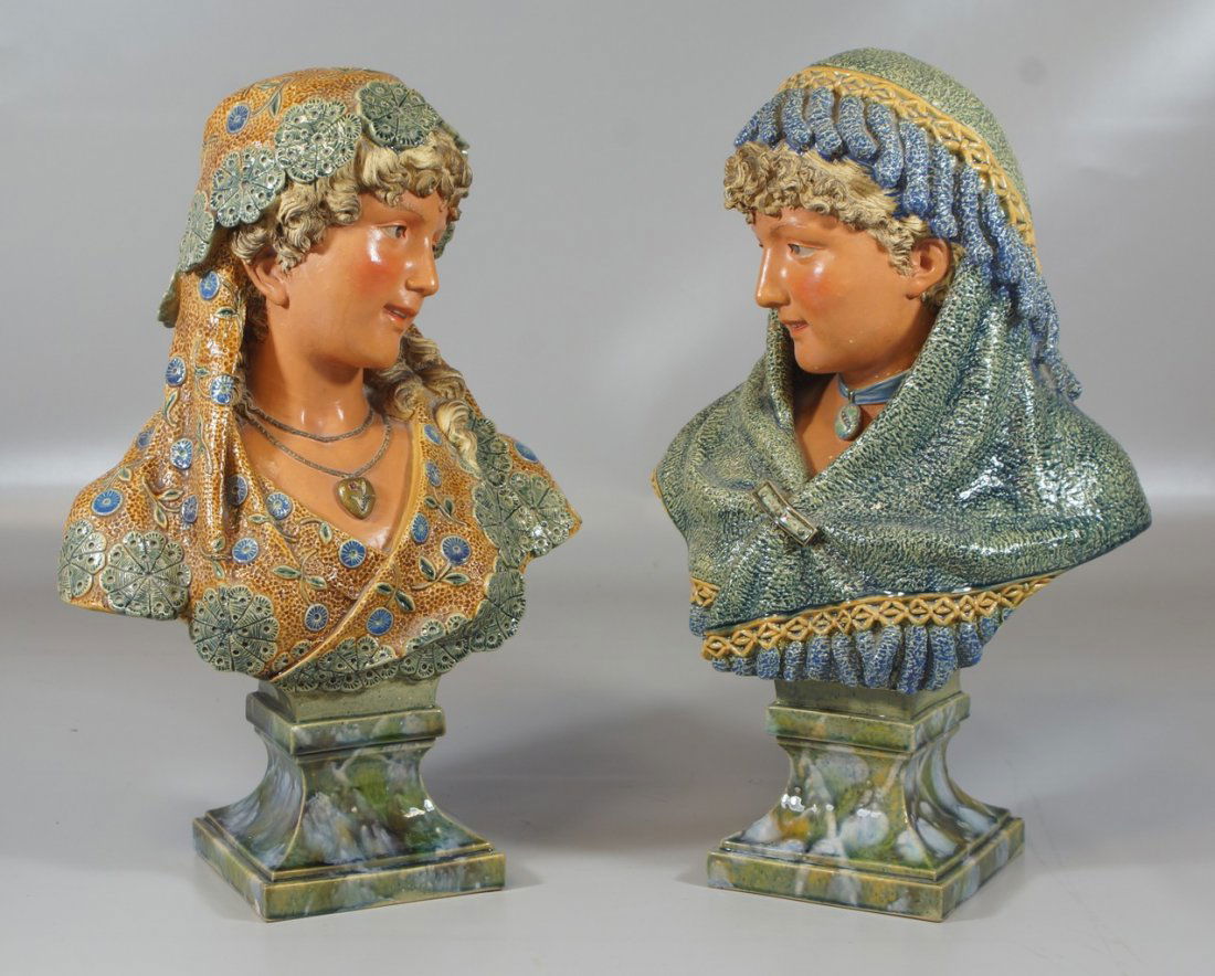 Pr unmarked Amphora pottery busts of curly haired: Pr unmarked Amphora pottery busts of curly haired maidens, stamped at rear of base, 17" tall, no damage, German or French