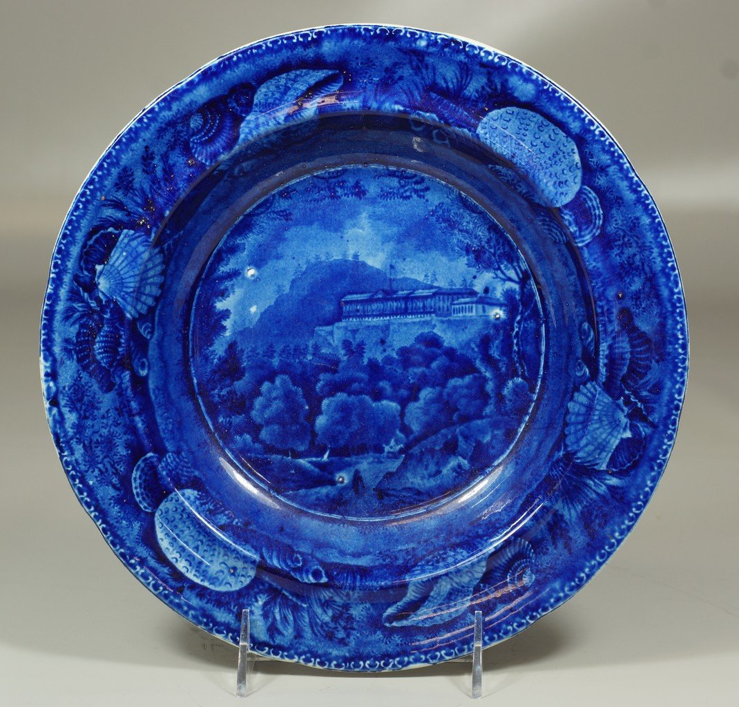 Wood & Sons Staffordshire American historical deep blue: Wood & Sons Staffordshire American historical deep blue transfer soup bowl, "Pine Orchard House Catskill Mountains" soup bowl, 10" diameter, some stone pops in face, kiln marks to bottom, no chips or 