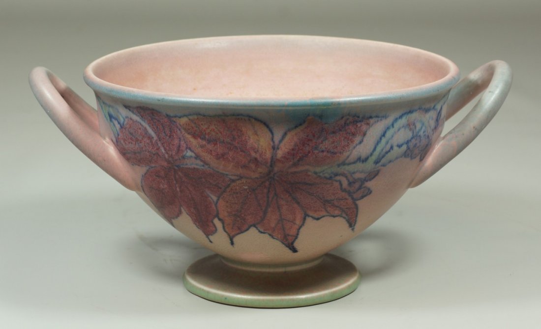 Rookwood Wax Matte Glaze Double Handled Bowl with leafy: Rookwood Wax Matte Glaze Double Handled Bowl with leafy vine and berry decoration, dated 1929, mold number 2951, signed "LNL" Elizabeth Neave Lincoln, 7 3/4" d plus handles, 4 3/4" h