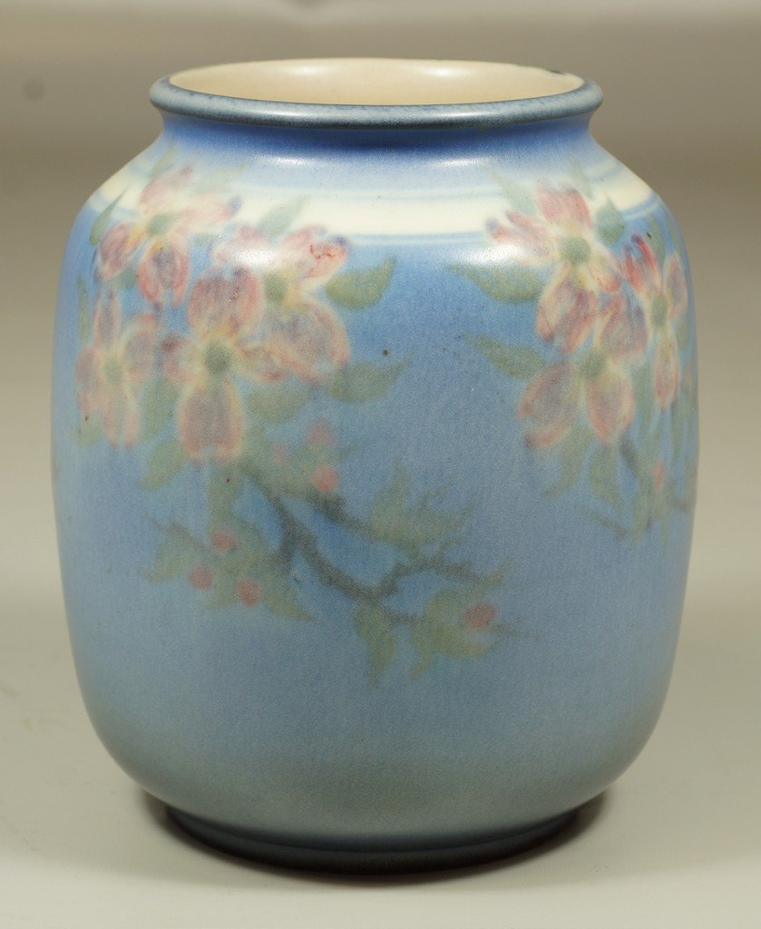 Rookwood Vellum Glaze Vase with dogwood decoration,: Rookwood Vellum Glaze Vase with dogwood decoration, dated 1945, mold number 6194D, signed "LEY" Kay Ley, 6-1/2" high