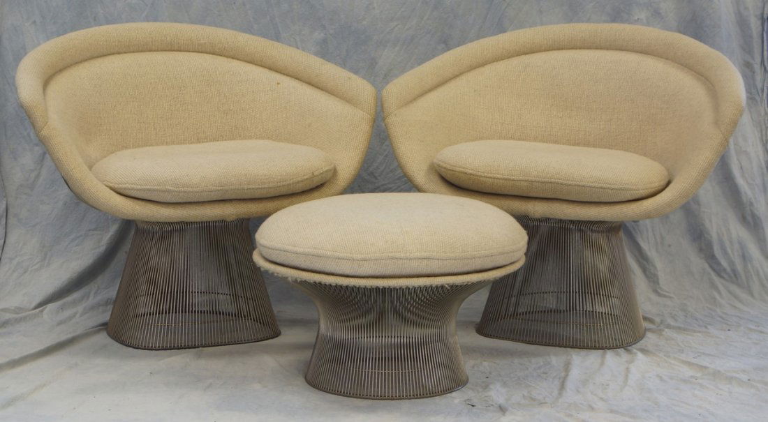 Pr Warren Platner Mid Century Modern lounge chairs with: Pr Warren Platner Mid Century Modern lounge chairs with ottoman, nickel plated wire base, chair 30-1/2" h, 36" w, 27" d, ottoman 15" h, 25" diameter
