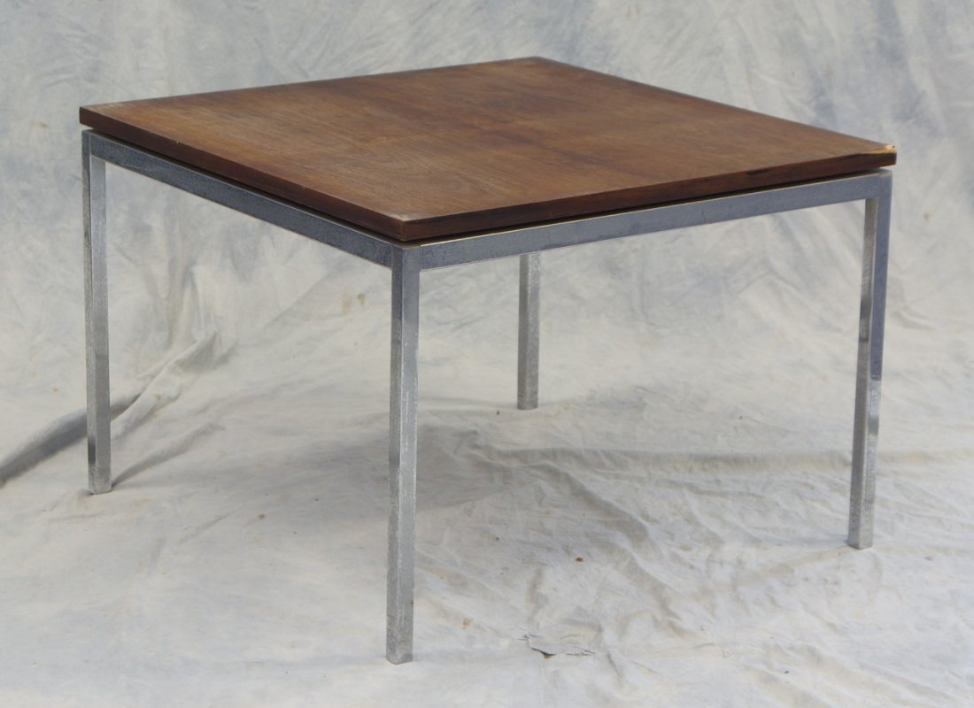 Square Mid Century Modern metal and wood end table, 17": Square Mid Century Modern metal and wood end table, 17" h, 24" sq, one corner with losses, missing label, may be Knoll