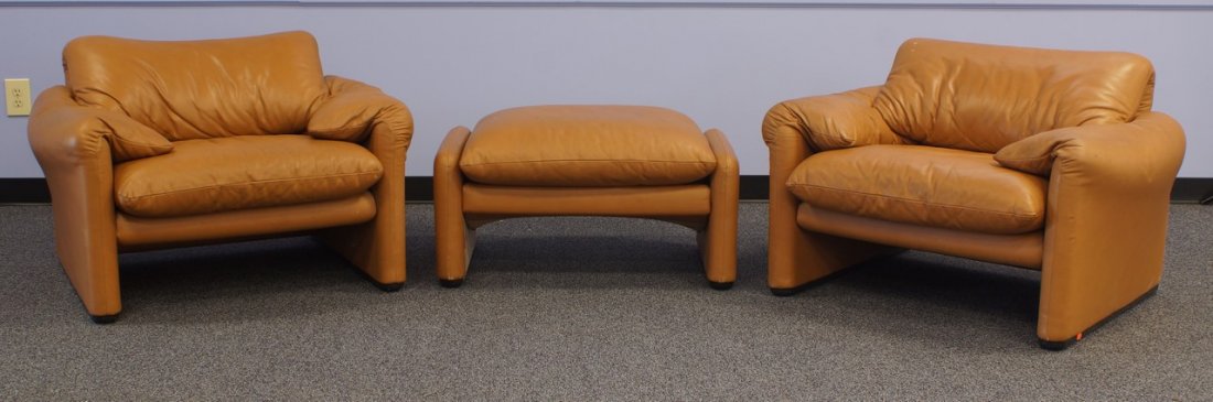 Vico Magistretti (1920-2006), (2) Maralunga Lounge: Vico Magistretti (1920-2006), (2) Maralunga Lounge Chairs by Cassina, light brown leather, with ottoman, chair 27" h, 41" w, 36" d, ottoman 18" h, 36" w, 24" d, surface wear, light scratches and stain