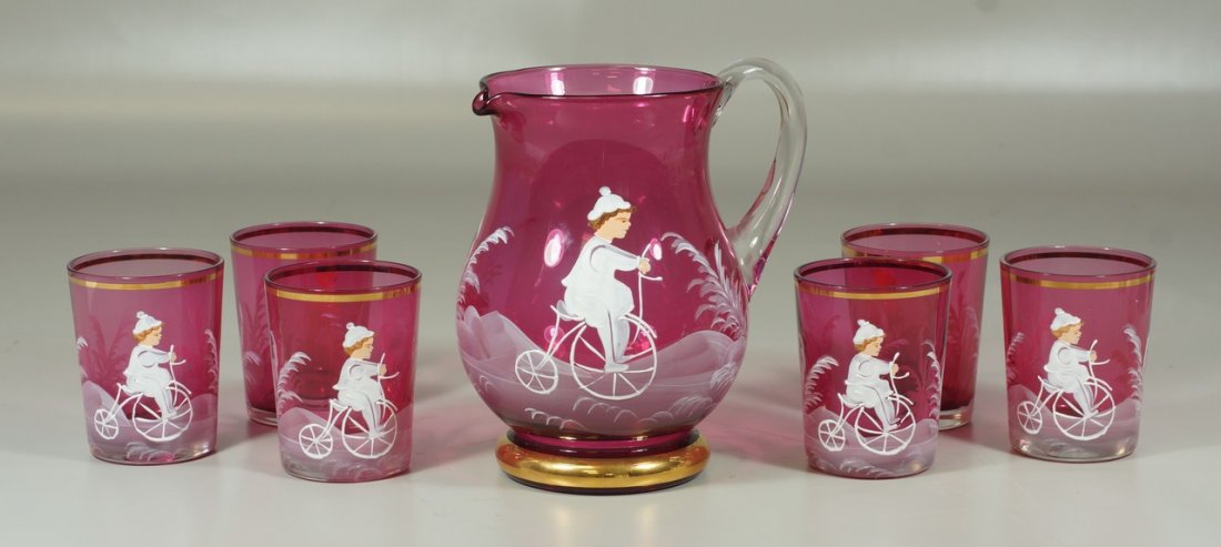 7 Piece Mary Gregory Style Enameled Cranberry glass: 7 Piece Mary Gregory Style Enameled Cranberry glass water pitcher with 6 glasses