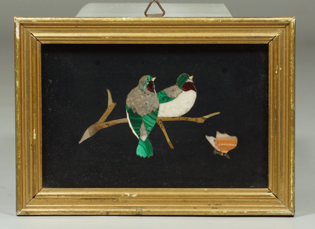 Italian Pietra Dura Plaque with 2 bird and a butterfly,: Italian Pietra Dura Plaque with 2 bird and a butterfly, inlaid with malachite, agate and other stones, 4" x 5-1/2"