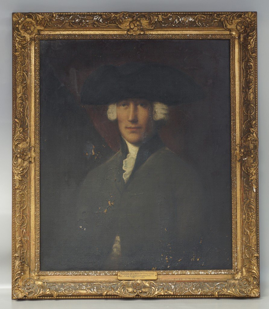 attributed to John Singleton Copley R. A., American,: attributed to John Singleton Copley R. A., American, 1738-1815, o/canvas, "Portrait of A Man in a Gray Coat", has been relined, overall flaking, 30" x 25" sight size, 36" x 31" frame size