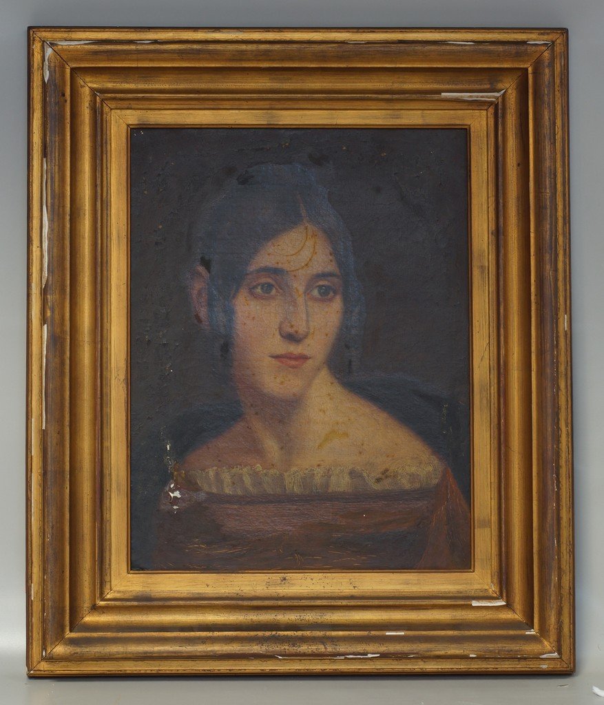 attributed to Thomas Sully, American , 1783-1872,: attributed to Thomas Sully, American , 1783-1872, o/canvas, Portrait of a Young Woman, overall flaking and inpainting, needs cleaning, 19" x 15" sight size, 26" x 22" framed