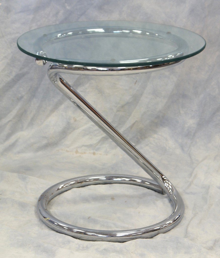 Tubular steel and plate glass circular lamp table,: Tubular steel and plate glass circular lamp table, unsigned, perhaps Thonet, 19 1/2" h, 19" d
