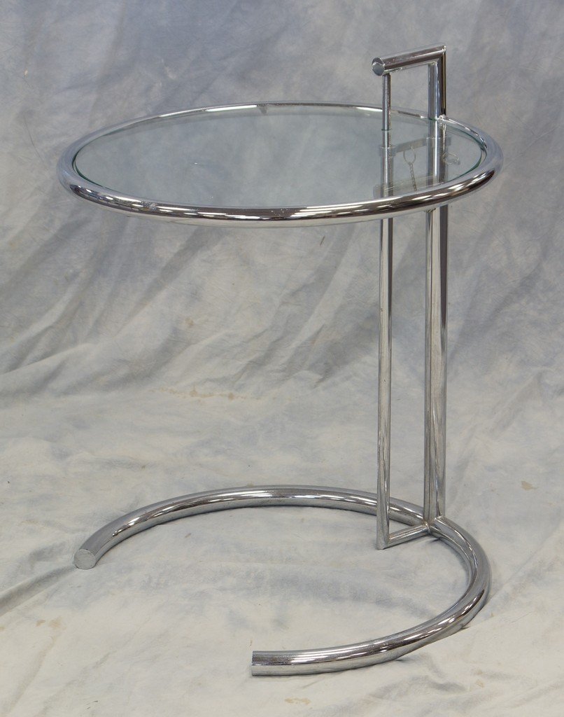 Eileen Gray steel and plate glass round table,: Eileen Gray steel and plate glass round table, adjustable height,