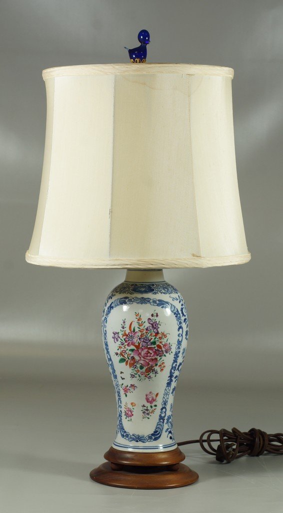 Chinese Export Porcelain Garniture vase mounted as a: Chinese Export Porcelain Garniture vase mounted as a lamp, vases measures 10" high, to top of the harp 21-1/2"