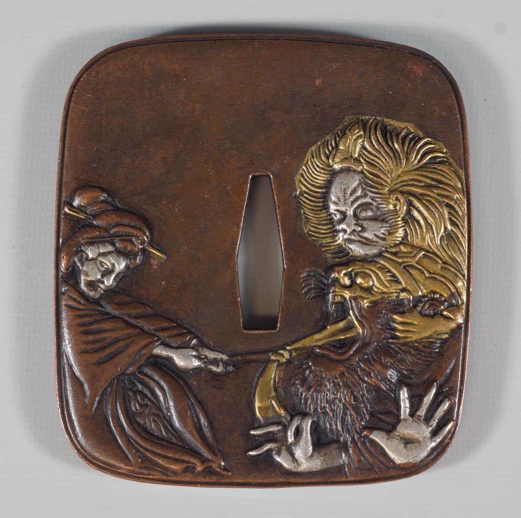 Japanese Mixed Metal Edo Period Tsuba with signature to: Japanese Mixed Metal Edo Period Tsuba with signature to rear, approx 3-1/8" square
