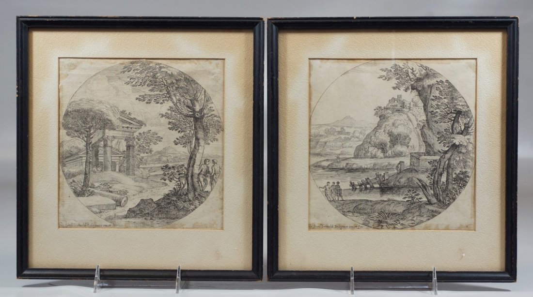 (2) Giovanni Francesco Grimaldi, Italian, 1606-1680,: (2) Giovanni Francesco Grimaldi, Italian, 1606-1680, each signed in plate "Gio. franco. Grimaldi Bolognese inc. t fetinv. et fec.", glued to backing board, ll, 7 1/2" x 7 1/2 " framed