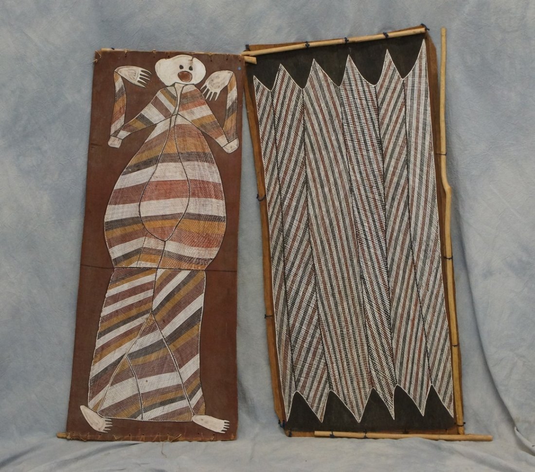 (2) Jimmy Wood Marraluka, Aboriginal, 20th Cent.,: (2) Jimmy Wood Marraluka, Aboriginal, 20th Cent., natural earth pigment on carved hardwood, Abstract representation of Rembarrnga Location : Borlkjam, 34" x 19 3/4" and Abstract figure, 41" x 16"