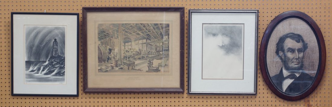 (4) Thom O'Connor, American, 20th Cent.,AAA,: (4) Thom O'Connor, American, 20th Cent.,AAA, lithograph, "Enchanter" Ed. 192/250, 1968, 14" x 10" sight size; Rob Abob (?) 20 cent. Lithograph, Lighthouse, 10 1/2" x 14 1/2" sight size; Abraham Lincol