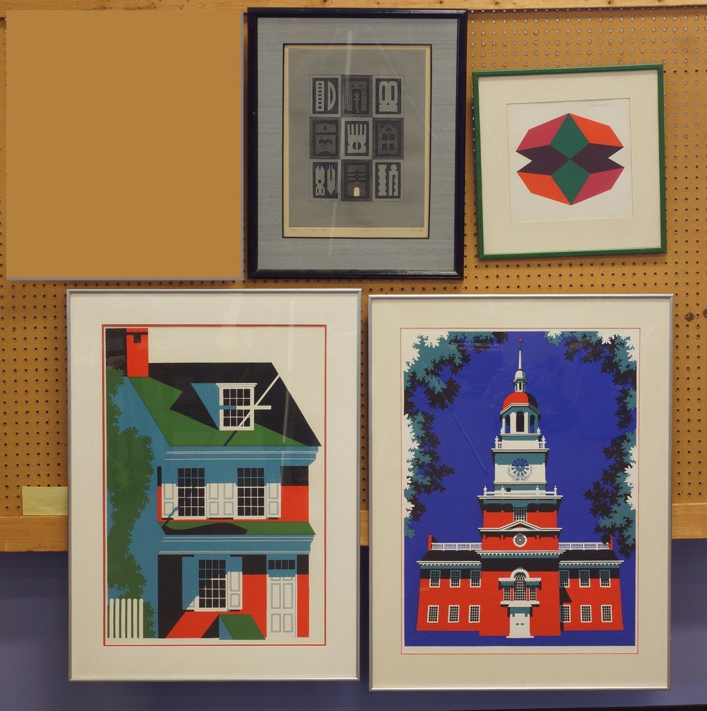 (4) Betsy Bates, American, 20th Cent, Serigraph prints,: (4) Betsy Bates, American, 20th Cent, Serigraph prints, dated 1974, Betsy Ross House Ed. 37/100 and Independence Hall Ed. 44/200, 31" x 22" sight size, 37" x 28" framed; G. Vander Sleur (?), 20th Cent