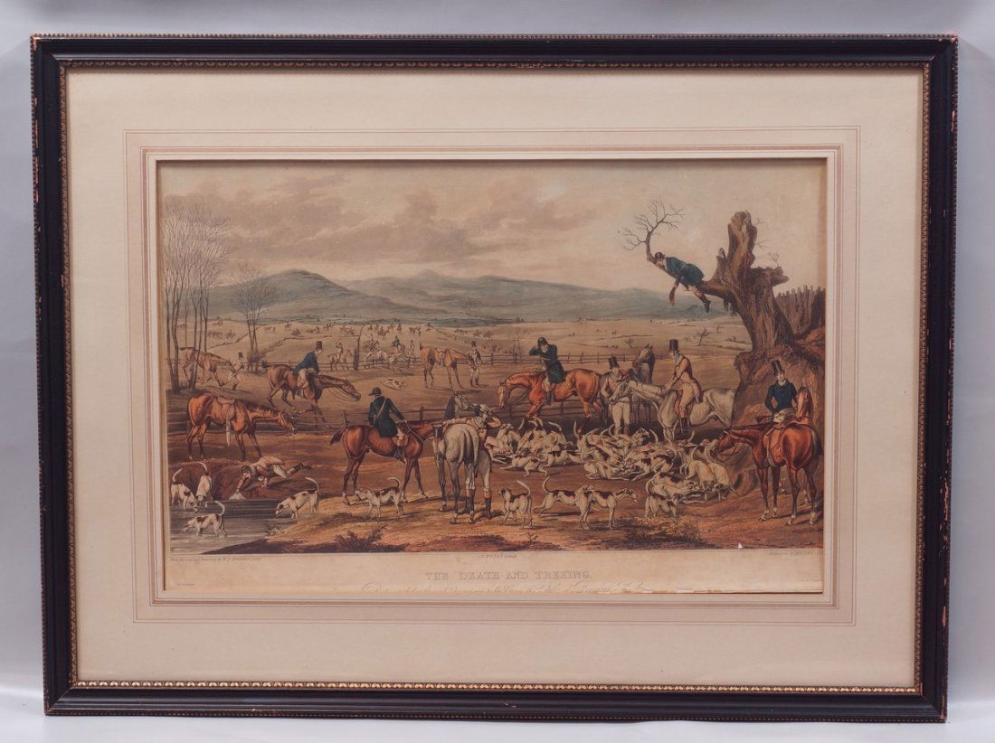 Henry Thomas Alken, English, 1785-1851, after Drawings: Henry Thomas Alken, English, 1785-1851, after Drawings by Walter Parry Hodges, Hand-Colored Aquatint, Fox Hunting Scene: "The Death and Treeing", printed by Thomas McLean 1833, proof impression, some