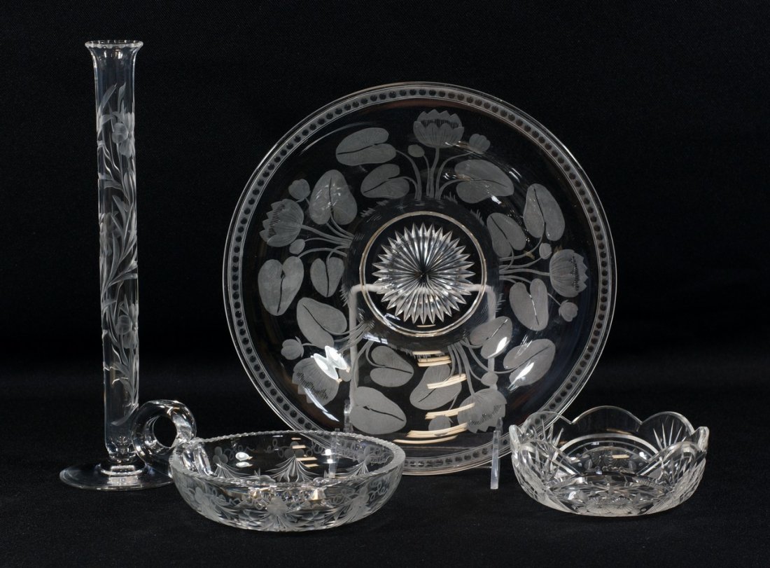 4 pcs cut and engraved glass to include: unsigned: 4 pcs cut and engraved glass to include: unsigned Hawkes water Lilly bowl, signed Tuthill nappy, small engraved bowl, single stem bud vase