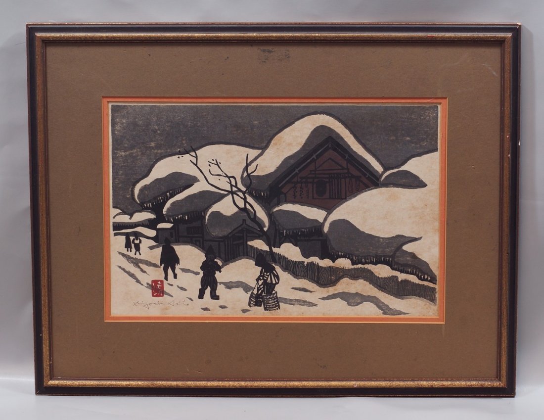 Kiyoshi Saito, Japanese, 1907-1997, Colored Woodblock,: Kiyoshi Saito, Japanese, 1907-1997, Colored Woodblock, "Winter in Aizu", SLL, areas of foxing, 10 1/4" x 15 3/4"