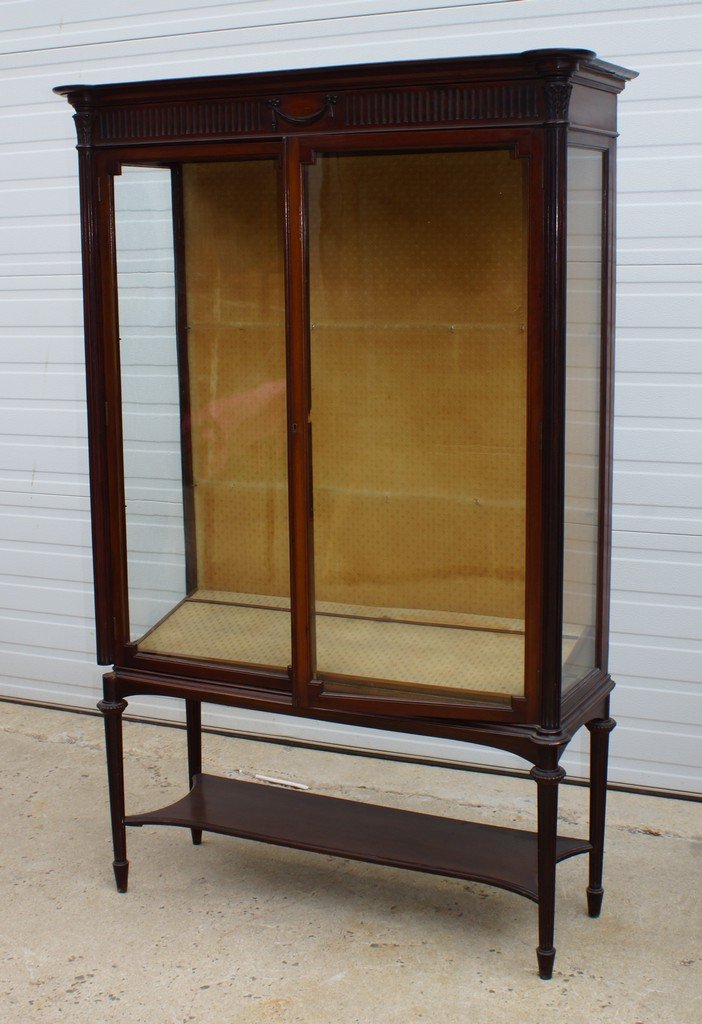 English Edwardian display cabinet, reeded legs, loss at: English Edwardian display cabinet, reeded legs, loss at one corner, 62-1/2" h x 41" w x 15" d