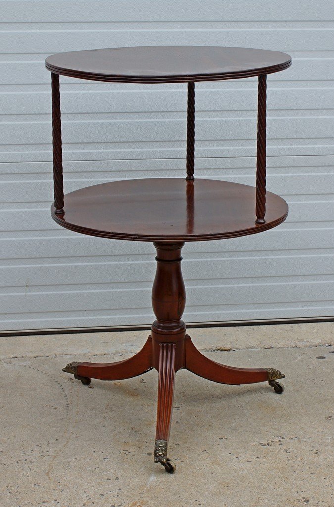 English Duncan Phyfe style 2-tier library table, top: English Duncan Phyfe style 2-tier library table, top swivels, overall height 42" h x 27" dia