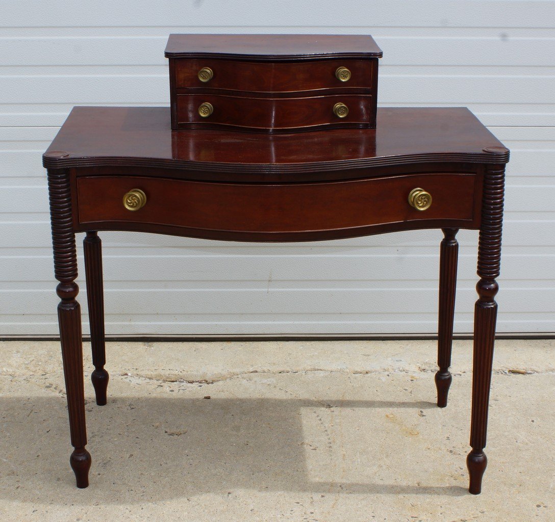 Sheraton style serpentine server with 2-drawer plateau: Sheraton style serpentine server with 2-drawer plateau top, 36-1/2" h x 36" w x 19" d