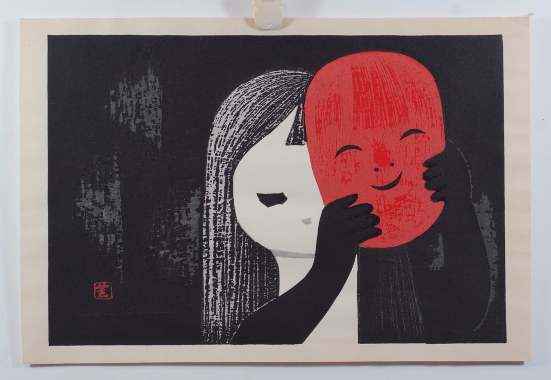 Kaoru Kawano, Japanese, 1916-1965, Colored Woodblock,: Kaoru Kawano, Japanese, 1916-1965, Colored Woodblock, Girl with Mask, P/S and Monogrammed LL, 10" x 14 1/2" sight size