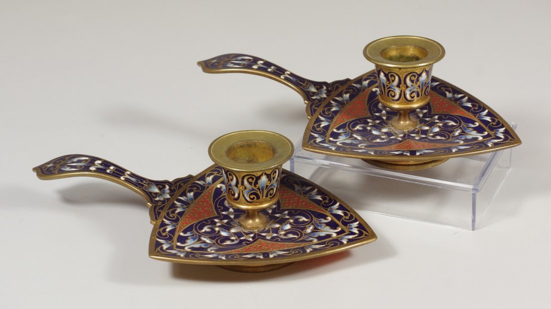 Pair of French champlevÃ© chambersticks, 7" l: Pair of French champlevÃ© chambersticks, 7" l