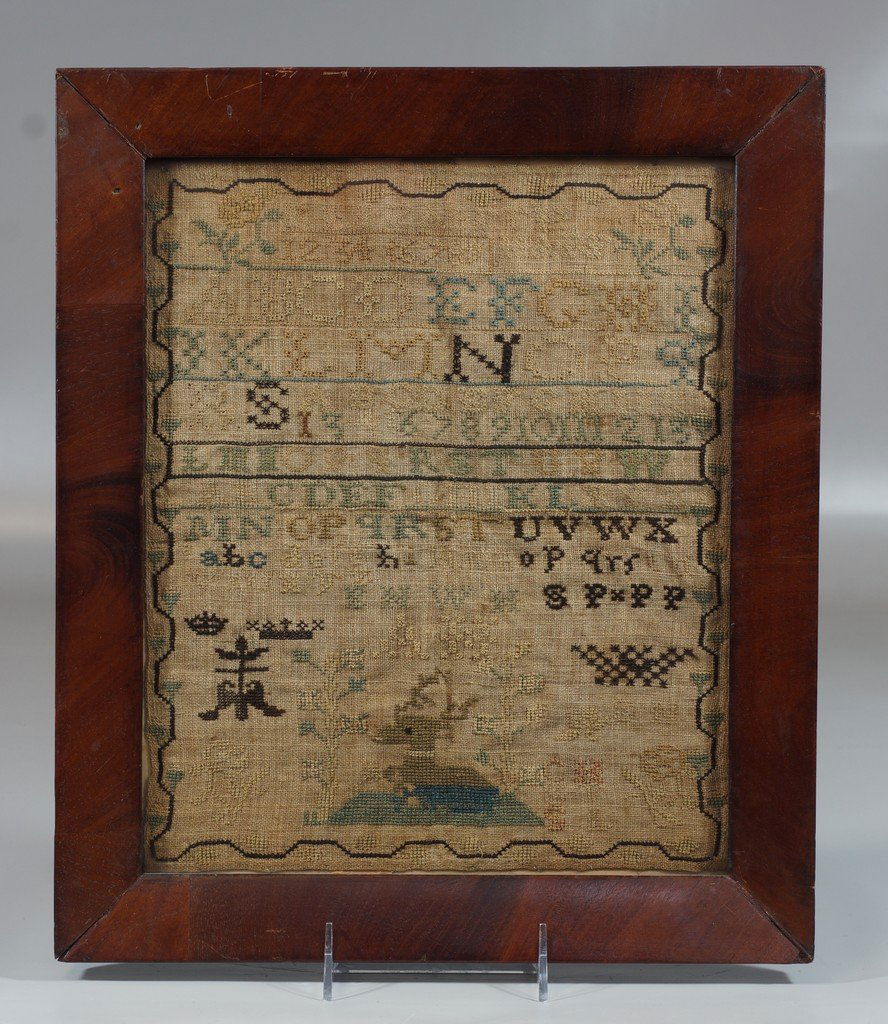 Alphabet sampler with deer and crowns, initials at: Alphabet sampler with deer and crowns, initials at bottom right, 12" x 10"