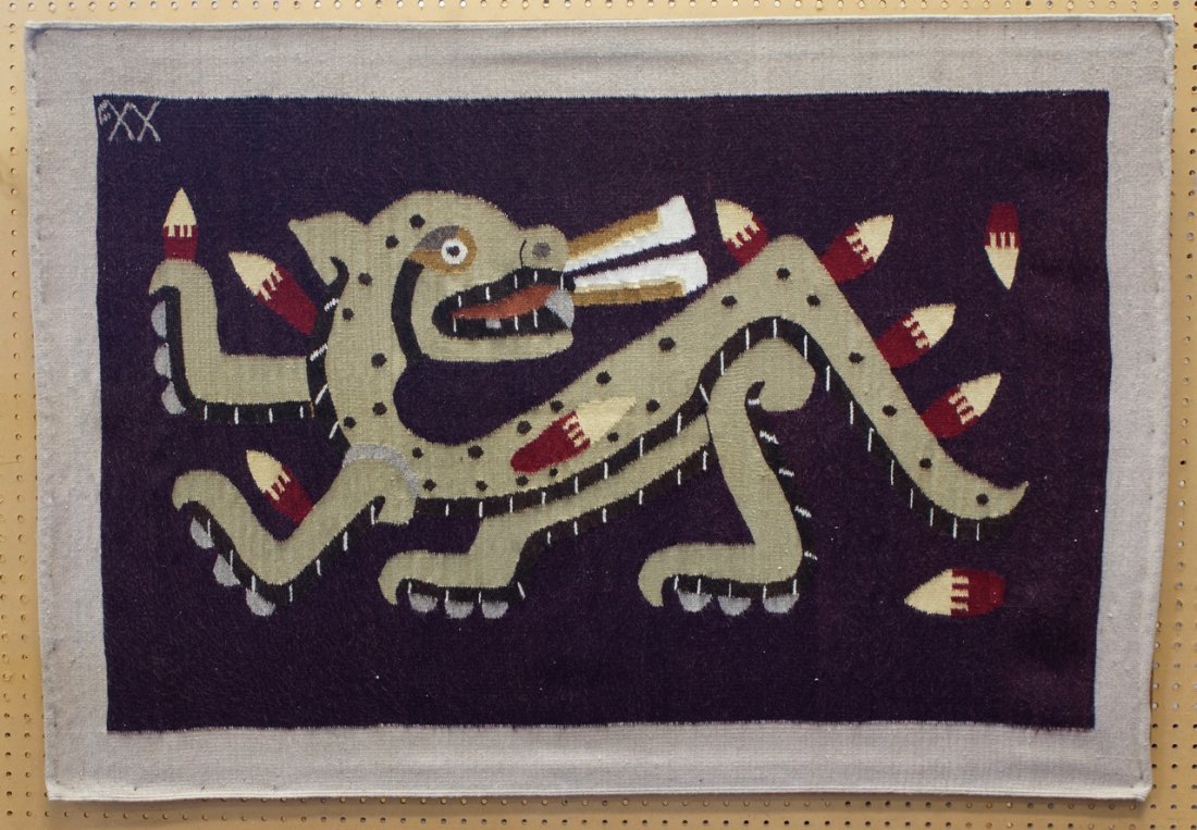 Xavier Velasquez, Mexican, 20th Cent., wool and Oaxaca: Xavier Velasquez, Mexican, 20th Cent., wool and Oaxaca Cochineal-dyed tapestry, original design: Jaguar, 37" x 54"
