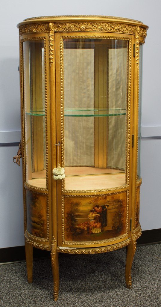 Gilt Vernis Martin French style curio cabinet, bowed: Gilt Vernis Martin French style curio cabinet, bowed glass ends and door, glass shelf, mirrored back, 54 1/2" h, 25" w, an escutcheon is missing, and there is some wear, loss of gilding, and scratchin