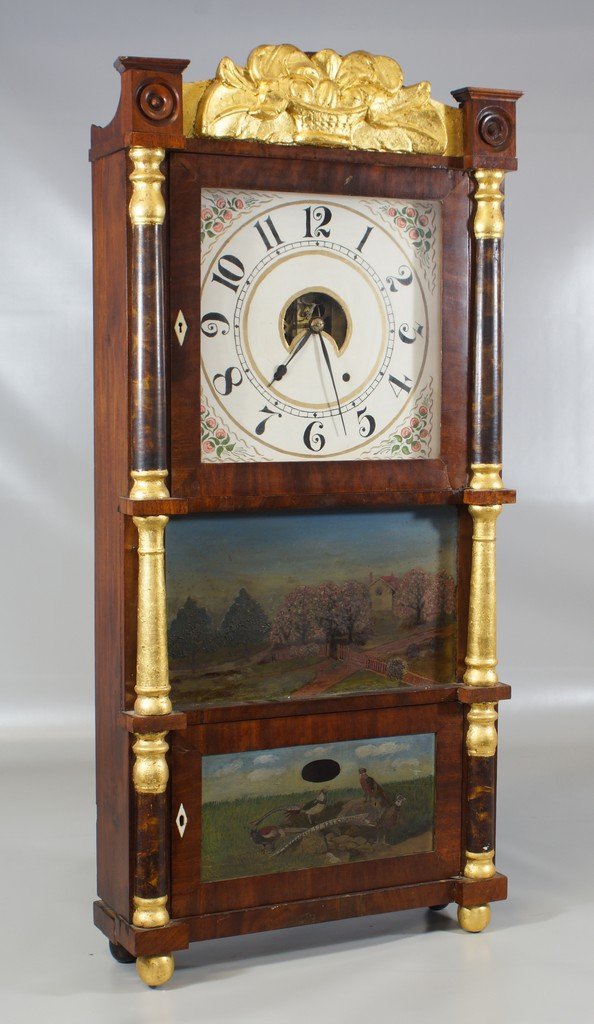 R & JB Terry triple deck column clock, gilt fruit: R & JB Terry triple deck column clock, gilt fruit basket crest, repainted dial, repainted crest and columns, center glass with outside painted landscape, lower with outside painted pheasants, 36 1/2" 
