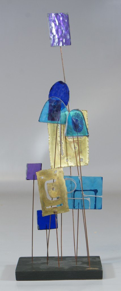 Curtis Jere stained glass, wire, and sheet metal: Curtis Jere stained glass, wire, and sheet metal sculpture, 20" high, dated 1966