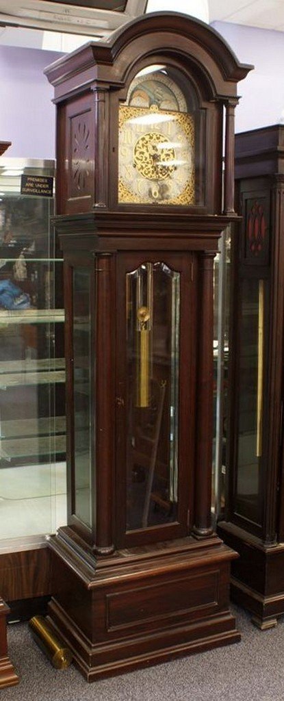 Mahogany 6 tube chiming hall clock, movement stamped: Mahogany 6 tube chiming hall clock, movement stamped Germany / B&D (Bawo & Dotter) Limited, silvered and brass dial, domed bonnet, waist door flanked by full columns, may have had ball feet, 90 1/2" t