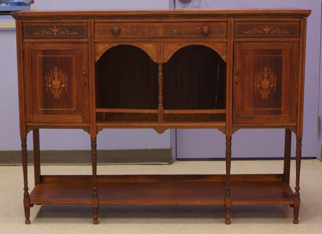 Edwardian Inlaid Rosewood credenza, central drawer with: Edwardian Inlaid Rosewood credenza, central drawer with 2 doors flanking an open central compartment, open bottom shelf, urn, foliate, fan and string inlay throughout, English circa 1900, 54" w, 40-1/