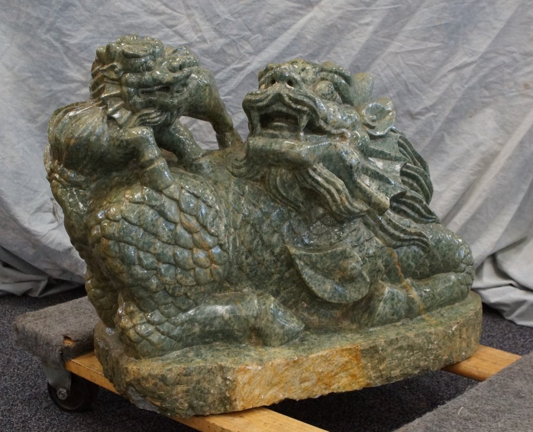 Large Asian Stone Carving of Mythical Animal: Large Asian Stone Carving of Mythical Animal and Baby, approx 24" wide, 20" h