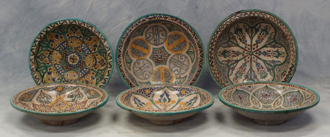 (6) Moroccan faience earthenware bowls, geometric and: (6) Moroccan faience earthenware bowls, geometric and foliate motifs, 19th/20th Century, Morocco