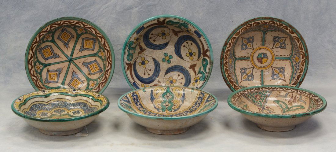 (6) Moroccan faience earthenware bowls, geometric and: (6) Moroccan faience earthenware bowls, geometric and foliate motifs, 19th/20th Century, Morocco
