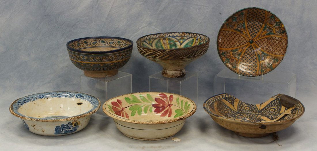 (4) Moroccan faience earthenware bowls, geometric and: (4) Moroccan faience earthenware bowls, geometric and foliate motifs, 19th/20th Century, Morocco; (2) English porcelain wash bowls, 19th Century, one transferware, one painted