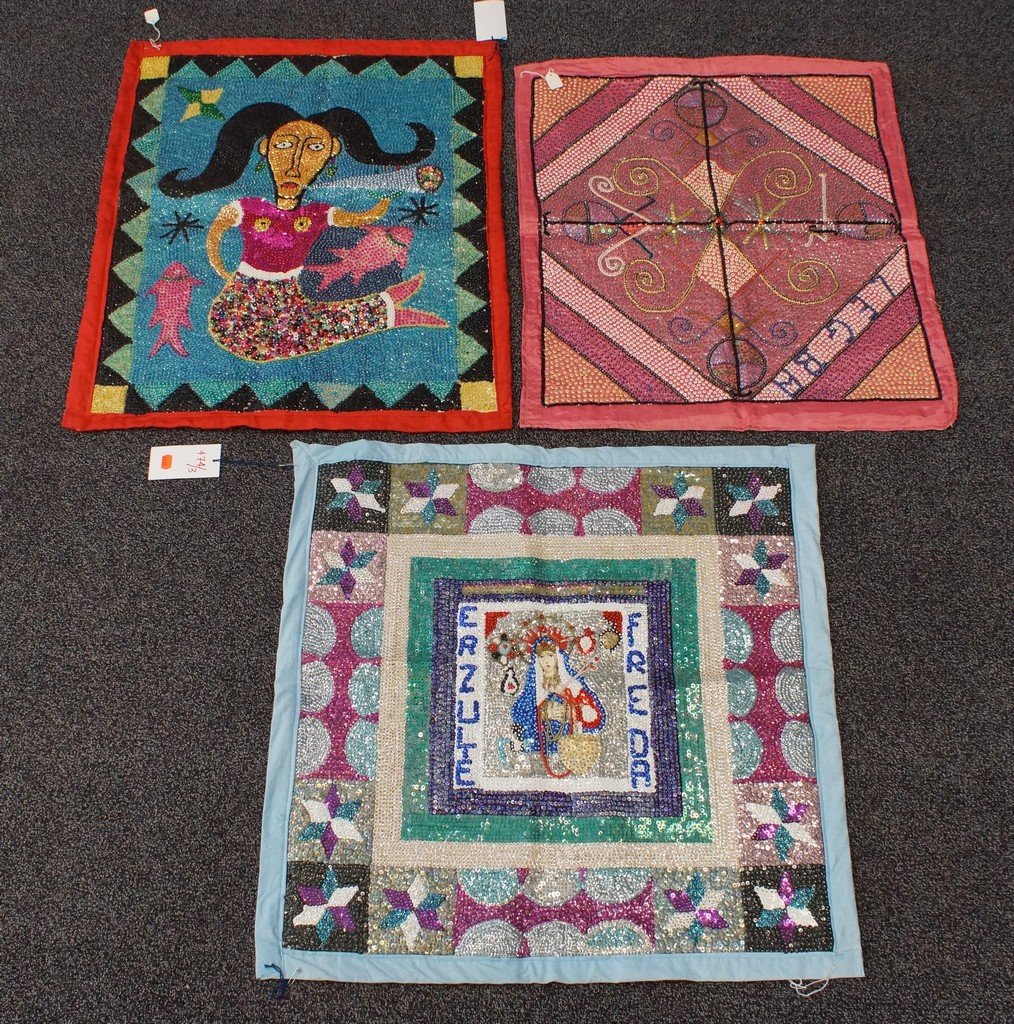 (6) Haitian "Voodoo" Flags, 20th Century, Haiti,: (6) Haitian "Voodoo" Flags, 20th Century, Haiti, Sequins on Satin, approx. 27" x 27"