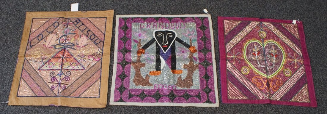 (6) Haitian "Voodoo" Flags, 20th Century, Haiti,: (6) Haitian "Voodoo" Flags, 20th Century, Haiti, Sequins on Satin, approx. 27" x 27"