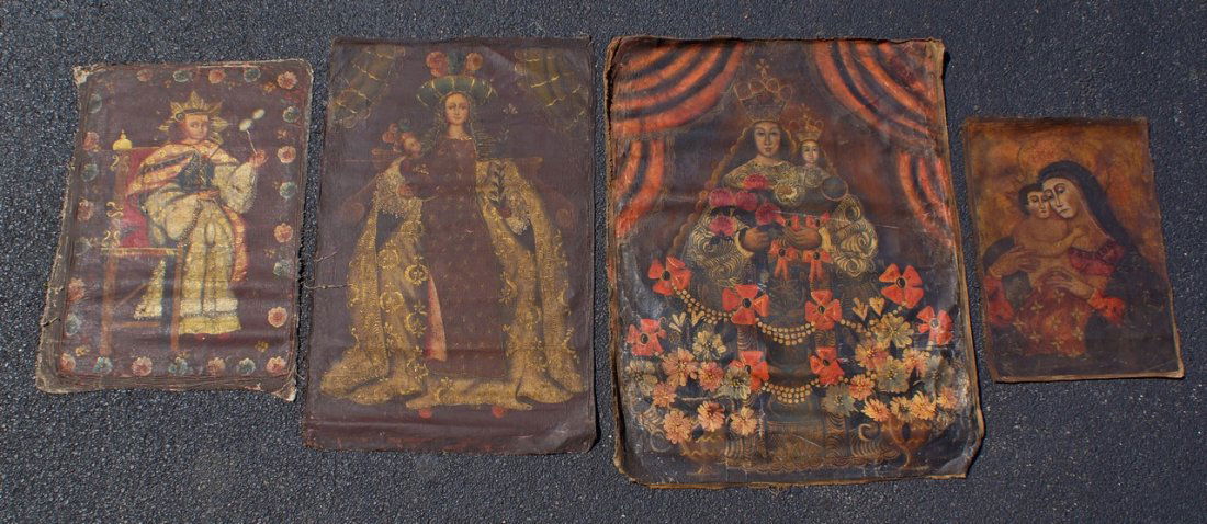 (4) Spanish Colonial School, 19th Century, Oil on: (4) Spanish Colonial School, 19th Century, Oil on canvas, all unframed: Virgin and Child, 27" x 20 1/2"; Seated Crowned Mary and Jesus, 43 1/4" x 35 1/2"; Seated King, 33" x 25 1/2"; Virgin Mary and C