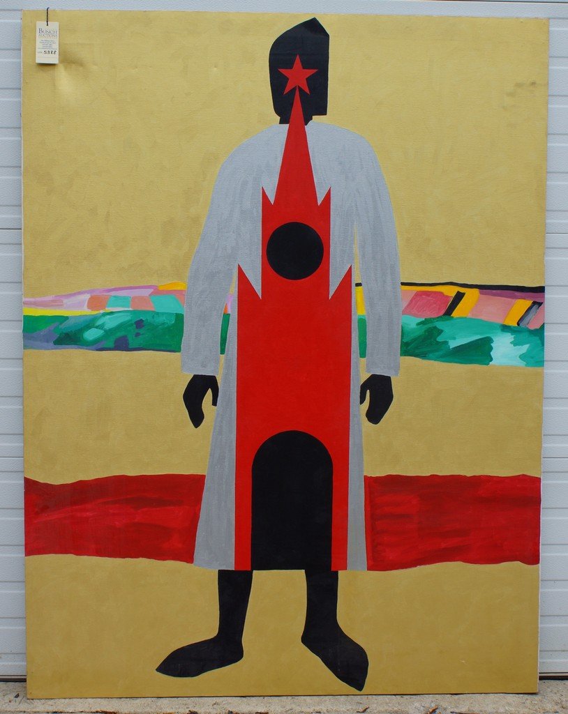 Gorevich, Late 20th Century, Late Cloaked figure in: Gorevich, Late 20th Century, Late Cloaked figure in landscape with Soviet star in the head of the figure, 71" x 54"