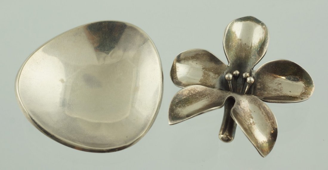 Bent Knudsen, Denmark sterling pin, 1 5/8" d, with: Bent Knudsen, Denmark sterling pin, 1 5/8" d, with Anton Michelsen floral pin, 1 3/4" , 1.25 TO