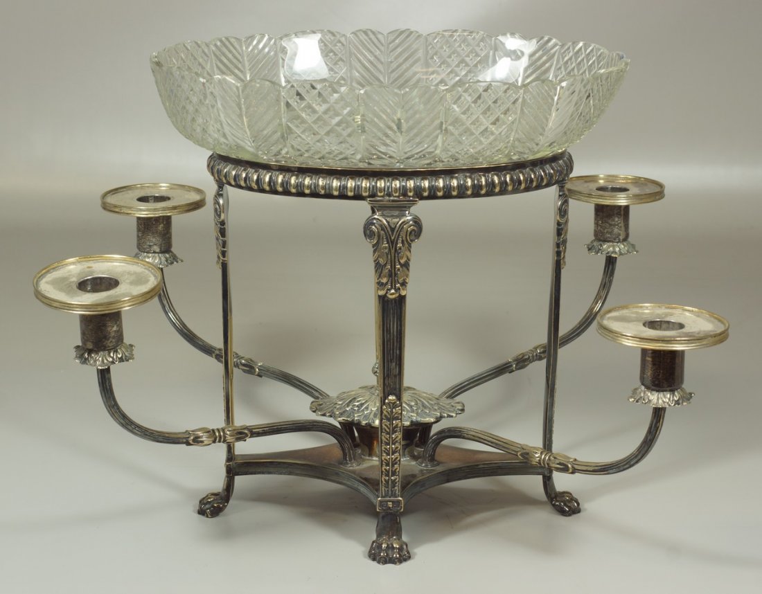 Plated silver Regency style epergne with 4 candleholder: Plated silver Regency style epergne with 4 candleholder arms, oval cut crystal center bowl, the bowl 12" l, 9" w, overall height 12 1/2", 16 1/2" long