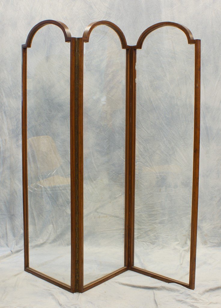 3-part Rosewood folding screen with thick glass panels,: 3-part Rosewood folding screen with thick glass panels, brass piano hinges, dovetailed construction, each panel 21-1/2" wide, 65-1/2" h, 19th century
