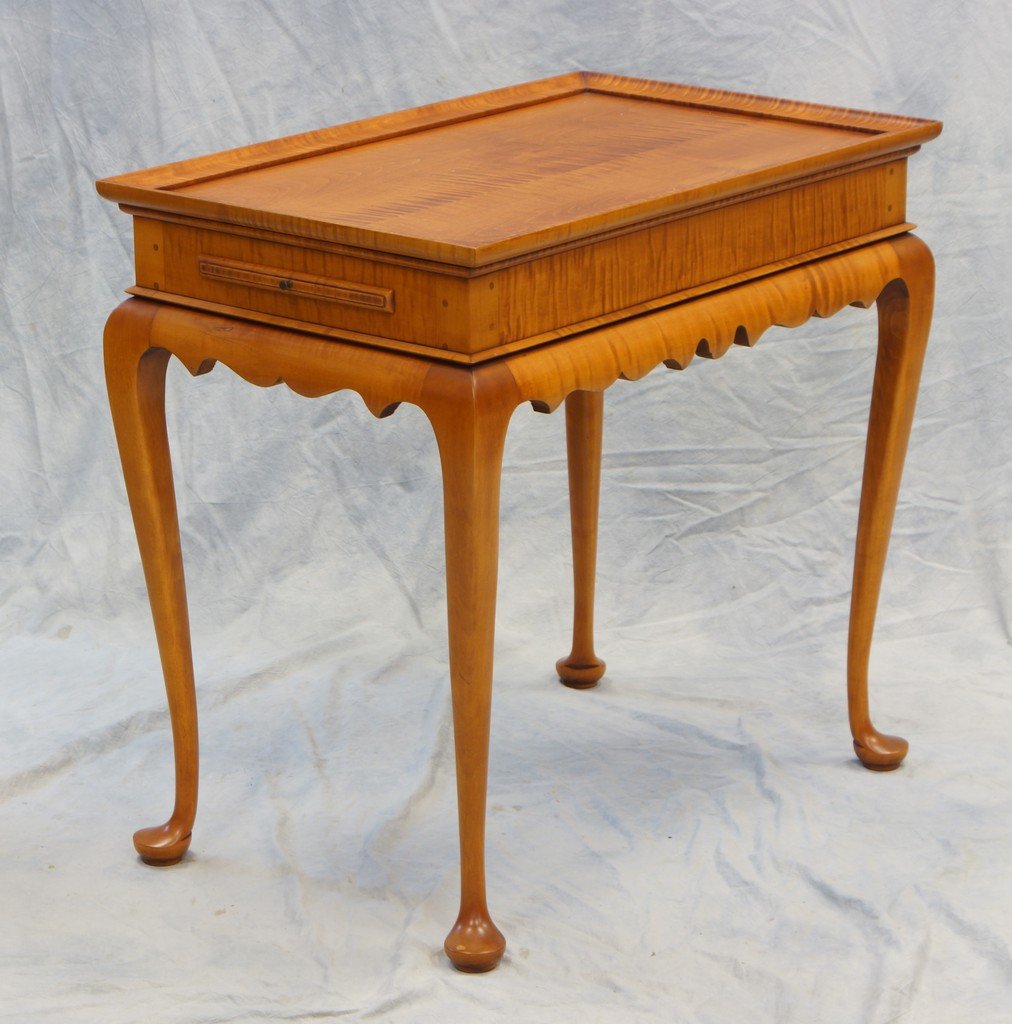 Eldred Wheeler figured maple Queen Anne style tea table: Eldred Wheeler figured maple Queen Anne style tea table with candle slides, 28-1/2" w, 18" d, 27" h