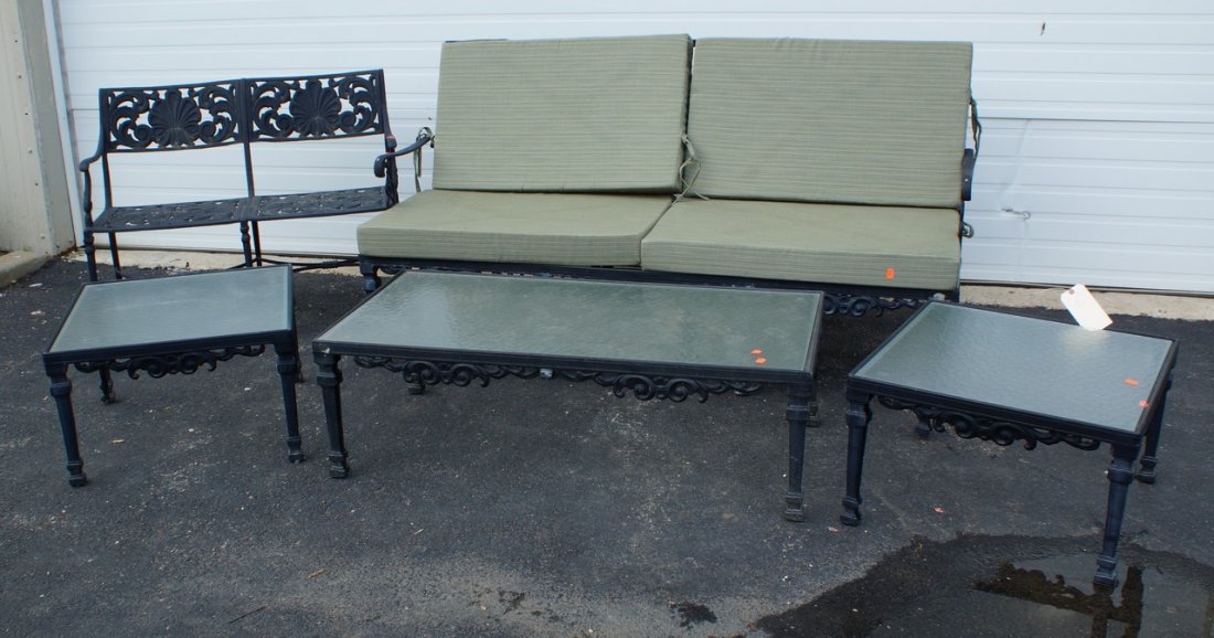 5 pc aluminum patio set including sofa with cushions,: 5 pc aluminum patio set including sofa with cushions, rectangular coffee table, 48" long, 2 square glass top tables, 25" square, 2 seat settee, 42" long, by Outdoor Lifestyle, Gastonia, NC