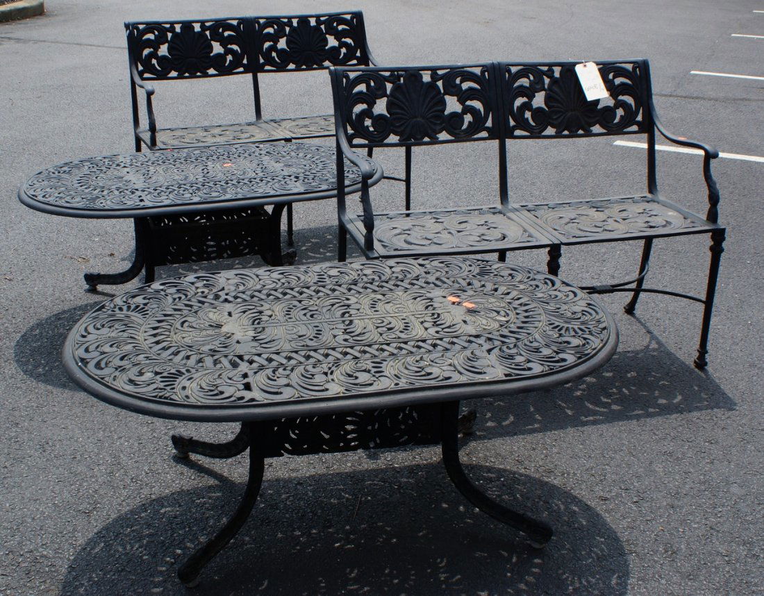 2 patio double settees, 42" long, with 2 oval coffee: 2 patio double settees, 42" long, with 2 oval coffee tables, 48" long by Outdoor Lifestyle, Gastonia, NC