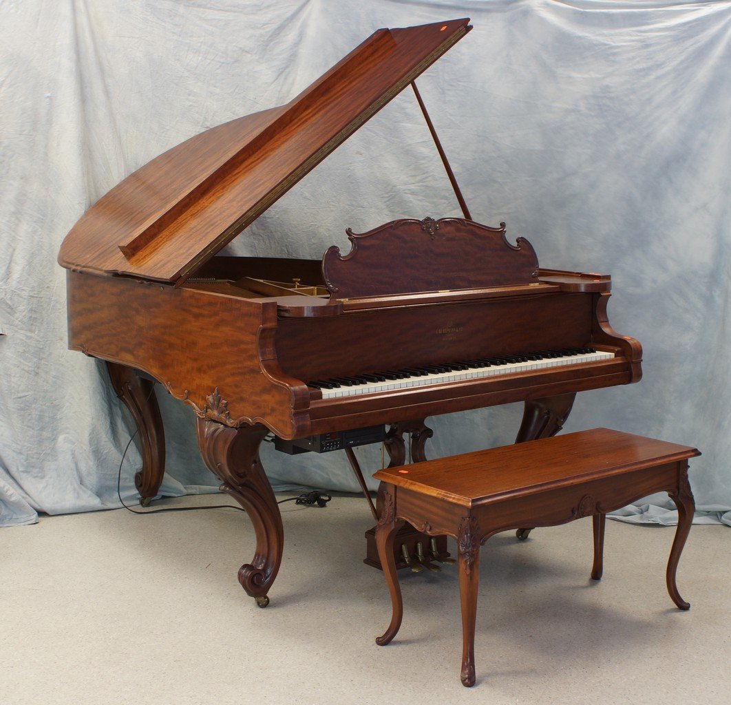 Kurtzman & Co Louis XIV style mahogany grand piano, SN: Kurtzman & Co Louis XIV style mahogany grand piano, SN 4700, circa 1912, fully restored musically including pinblock, strings, dampers, felts, hammers, shanks and flanges. Case refinished. ORS Pianoma